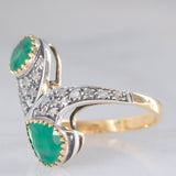 Anello contrarier vintage in stile antico in oro giallo 18K e argento con smeraldi (1.20ctw ca.) e diamanti di taglio rosetta (0.24ctw ca.), anni ‘60