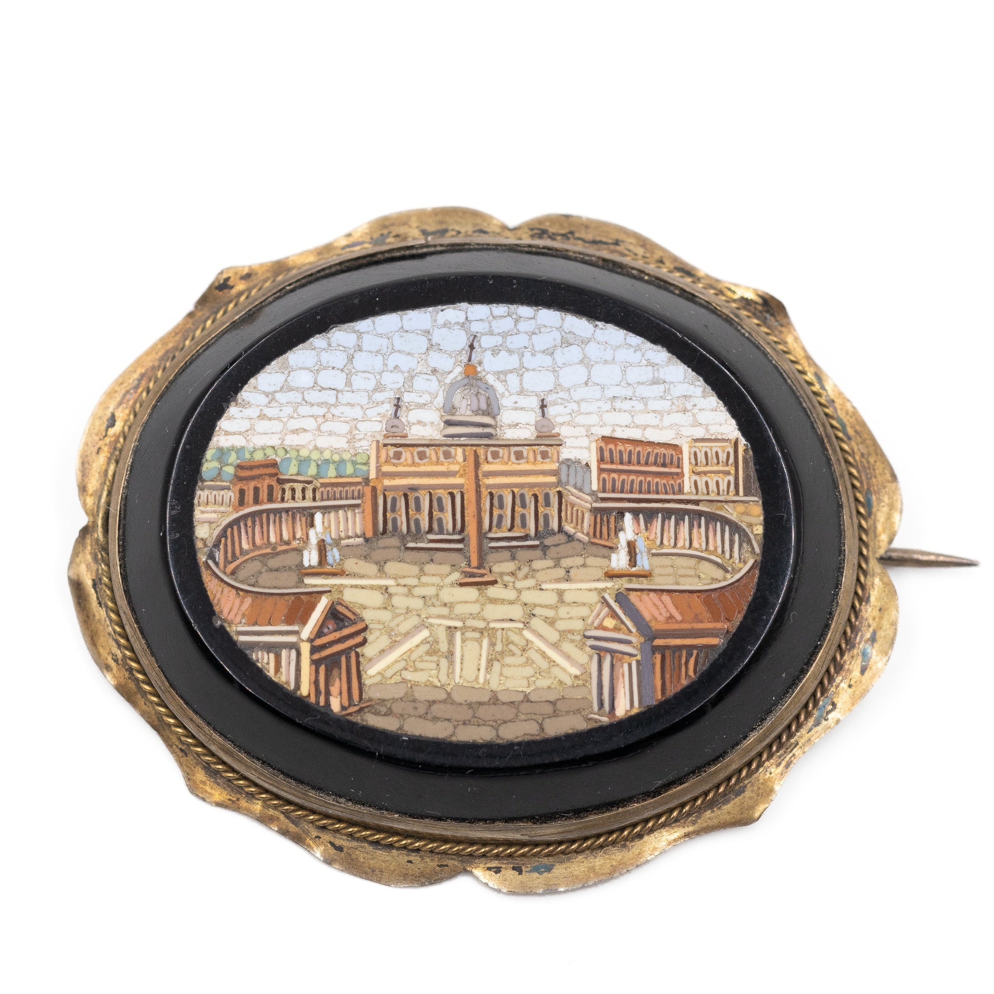 Broche Ancienne En Argent Massif Avec Micro-mosaïque - XIXème Siècle - État Correct (manque 2 Demi-perles)