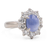 Anello vintage a margherita in platino 900 con zaffiro stellato (3,67ct) e diamanti (1,30ctw)