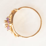 Anello vintage in oro giallo 9K con ametiste (0.30ctw ca.) e perla bianca, anno 1975