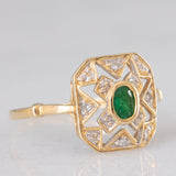 Anello vintage in oro giallo 18K con smeraldo (0.13ct ca.) e diamanti, anni ‘70/‘80