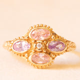 Anello vintage in oro giallo 9K con zirconi cubici rosa e viola e con zircone cubico bianco, anni ‘60/‘70