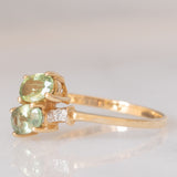 Toi et Moi vintage in oro giallo 14K con zaffiri verdi sintetici (1ctw ca.) e diamanti