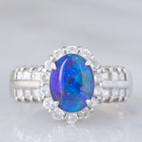 Anello vintage in platino con opale nero (1.51) e diamanti (0.92ctw), anni ‘80/‘90