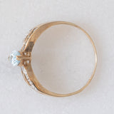 Anello vintage in oro giallo 9K con topazi azzurri (0.80ctw ca.) e diamanti, anni ‘80/‘90