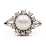 Anello vintage in oro bianco 14k con perla e diamanti (0,40ctw), anni '60