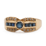 Anello vintage in oro giallo 14k con diamanti e zaffiri, anni '70