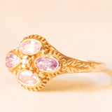 Anello vintage in oro giallo 9K con zirconi cubici rosa e viola e con zircone cubico bianco, anni ‘60/‘70