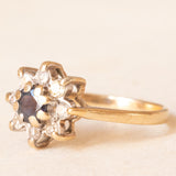 Anello a margherita vintage in oro giallo 9K con zaffiro (0.15ct ca.) e diamanti (0.08ctw ca.), anno 1979