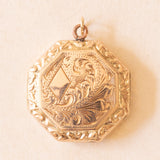 Ciondolo portafoto ottagonale vintage con lamina in oro giallo 9K su metallo, anni ‘40/‘50