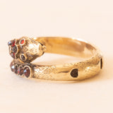 Anello a serpente antico in oro giallo 14K con granati e perlina bianca, primi del ‘900