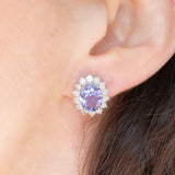 Orecchini a margherita vintage in platino con tanzaniti (4.45ctw) e diamanti (1.26ctw), anni ‘80/‘90