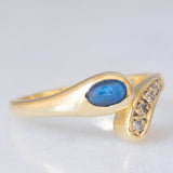 Anello a serpente vintage in oro giallo 14K con zaffiro e diamanti, anni ‘70