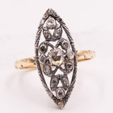 Anello a navette antico in oro giallo 14K e argento con diamanti di taglio rosetta (0.30ctw ca.), primi del ‘900