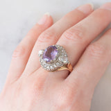 Anello a margherita vintage in stile antico in oro giallo 18K e argento con ametista (3ct ca.) e diamanti di taglio rosetta (0.70ctw ca.), anni ‘40/‘50