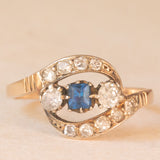 💙⚜️ Anello Art Nouveau contrarier + trilogy in oro giallo 14K con pasta di vetro blu e diamanti di taglio vecchia miniera (0.35ctw ca.), anni ‘10