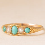 Anello antico in oro giallo 18K con turchesi e perline, anni ‘10