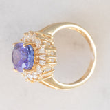 Anello ballerina vintage in oro giallo 14K con tanzanite (5.60ct ca.) e diamanti di taglio brillante e tapered (1.30ctw ca.), anni ‘70/‘80