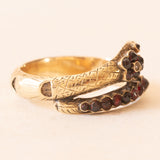 Anello a serpente antico in oro giallo 14K con granati e perlina bianca, primi del ‘900