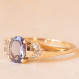 Anello ballerina vintage in oro giallo 9K con tanzanite (0.75ct ca.) e diamanti di taglio tapered (0.10ctw ca.), anno 2011