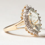 Anello a margherita vintage in oro giallo e bianco 9K con quarzo verde e diamanti, anni ‘70/‘80