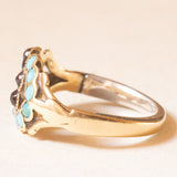 Anello a forma di infinito antico in oro giallo 8K con turchesi e granati, fine ‘800/primi del ‘900