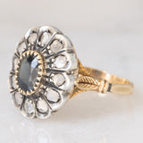 Anello a margherita vintage in stile antico in oro giallo 18K e argento con zaffiro (1ct ca.) e diamanti di taglio rosetta (0.36ctw ca.), anni ‘60/‘70