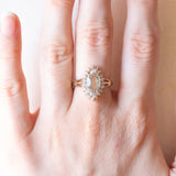 Anello a margherita vintage in oro giallo e bianco 9K con quarzo verde e diamanti, anni ‘70/‘80