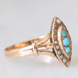 Anello a navette antico in oro giallo 14K con turchesi e perline, primi del ‘900