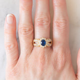 Un’alba sul mare - Anello vintage a fascia e a margherita in oro giallo 18K con zaffiro e diamanti