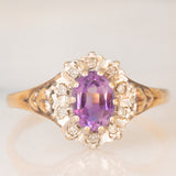 Anello a margherita vintage in oro giallo 9K con ametista (0.70ct ca.) e diamanti (0.05ctw ca.), anni ‘80