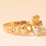 Anello Claddagh vintage in oro giallo e bianco 9K con cubic zirconia e con motivi celtici