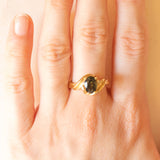 Anello vintage in oro giallo 14K con tormalina verde (1.30ct ca.) e diamanti, anni ‘60