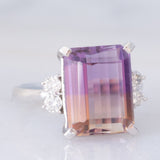 Anello da cocktail vintage in platino con ametrina (7.55ct) e diamanti (0.33ctw), anni ‘80/‘90