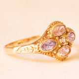 Anello vintage in oro giallo 9K con zirconi cubici rosa e viola e con zircone cubico bianco, anni ‘60/‘70