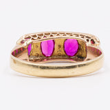 Anello vintage in stile antico in oro giallo 14K con rubini sintetici, granato e perline bianche