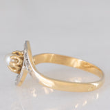 Anello tourbillion antico francese in oro giallo 18K con perla bianca e diamanti di taglio rosetta, anni ‘30