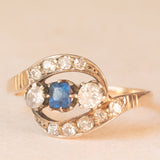 💙⚜️ Anello Art Nouveau contrarier + trilogy in oro giallo 14K con pasta di vetro blu e diamanti di taglio vecchia miniera (0.35ctw ca.), anni ‘10