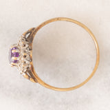 Anello a margherita vintage in oro giallo 9K con ametista (0.70ct ca.) e diamanti (0.05ctw ca.), anni ‘80