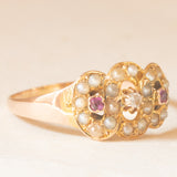 Anello antico in oro giallo 16K con diamante di taglio rosetta, rubini e perline bianche, fine ‘800/inizio ‘900