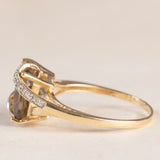 Anello da cocktail vintage in oro giallo 9K con quarzo fumé (2ct ca.) e diamanti (0.05ctw ca.), anni ‘70
