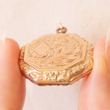 Ciondolo portafoto ottagonale vintage con lamina in oro giallo 9K su metallo, anni ‘40/‘50