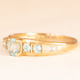 Anello vintage in oro giallo e bianco 9K con paste di vetro azzurre e diamanti, anno 2009