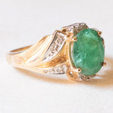 Anello vintage in oro giallo e bianco 10K con smeraldo (1.70ct ca.) e diamanti, anni ‘60/‘70