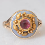 Anello antico in oro giallo 8K con calcedonio azzurro e tormalina rosa, primi del ‘900