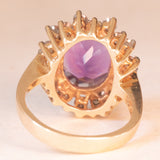 Anello a margherita vintage in oro giallo 10K con ametista (4ct ca.) e diamanti di taglio brillante (0.60ctw ca.), anni ‘60/‘70