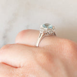 Anello a margherita vintage in platino con acquamarina (1.09ct) e diamanti (0.10ctw), anni ‘80/‘90