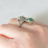 Anello contrarier vintage in stile antico in oro giallo 18K e argento con smeraldi (1.20ctw ca.) e diamanti di taglio rosetta (0.24ctw ca.), anni ‘60