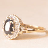 Anello a margherita vintage in oro giallo e bianco 9K con zaffiro (1ct ca.) e diamanti (0.10ctw ca.), anno 1991