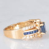 Anello a fascia + a margherita vintage in oro giallo 14K con zaffiri (0.65ctw ca.) e diamanti (0.25ctw ca.), anni ‘70